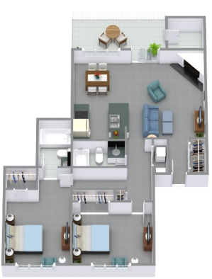 a 3d rendering of a two bedroom apartment at The  80 Reserve