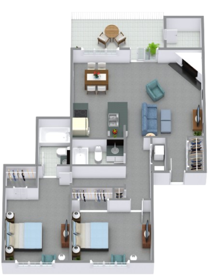 a 3d rendering of a two bedroom apartment at The  80 Reserve